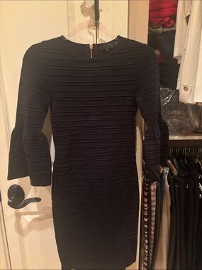 Ted Baker London Black Ribbed Midi Dress with Bell Sleeves